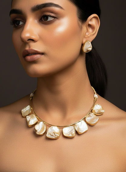 Baroque Pearl Handmade Brass Hasli Necklace Set