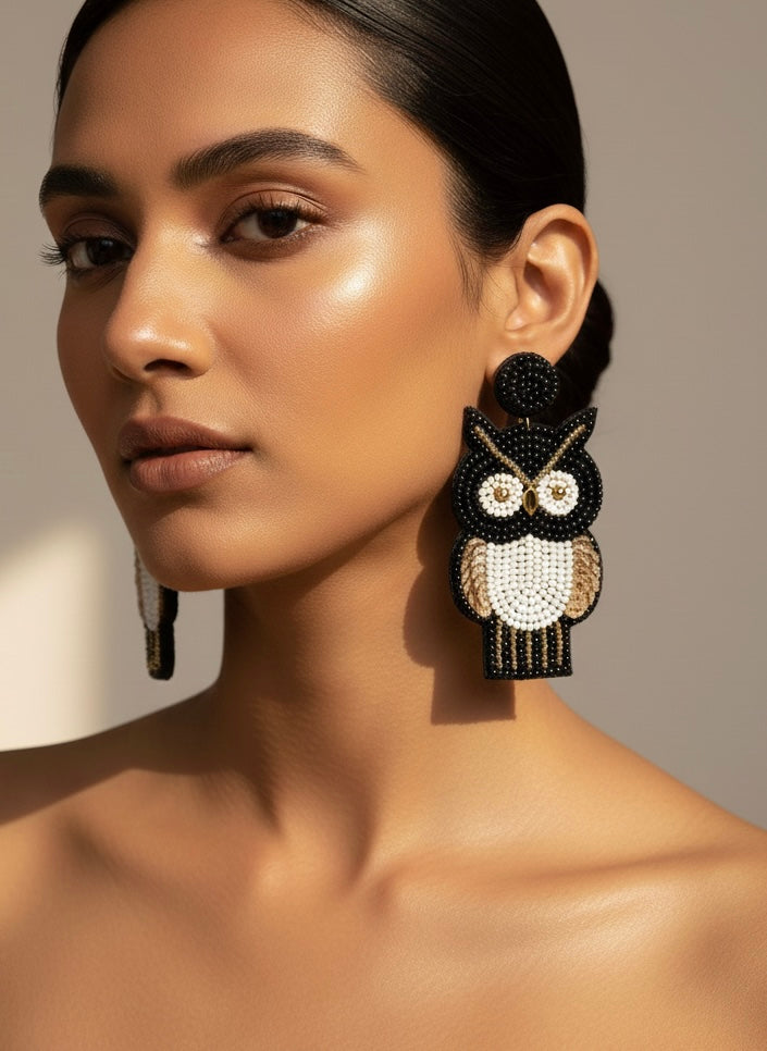 Golden Owl Handmade Beaded Bird Earrings