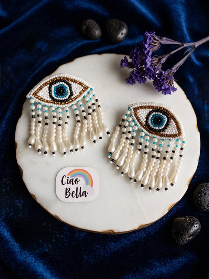 Mystic Evil Eye White Tassel Handmade Beaded Earrings