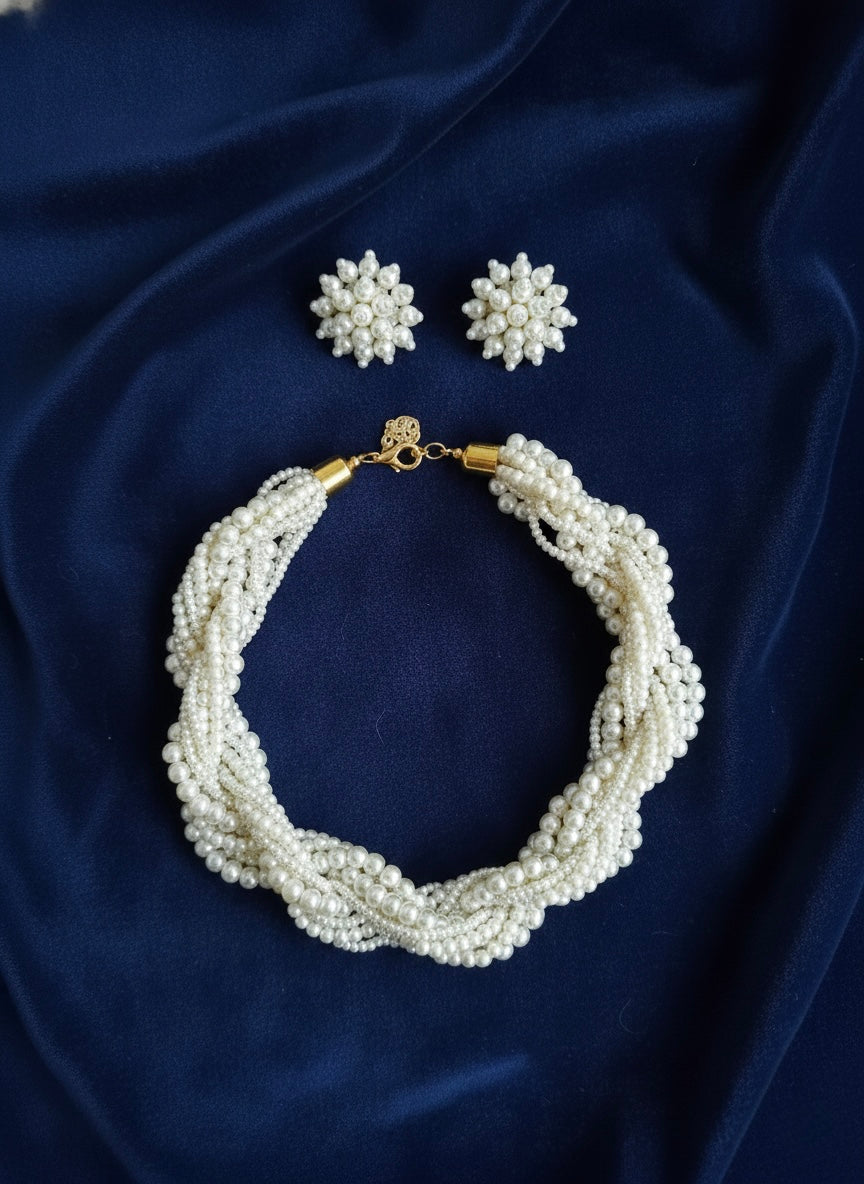 Noor Pearl Twisted Handmade Necklace + Stud Earrings Set