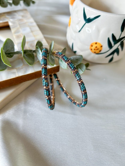 Golden Teal Fusion Hoop Handmade Beaded Earrings