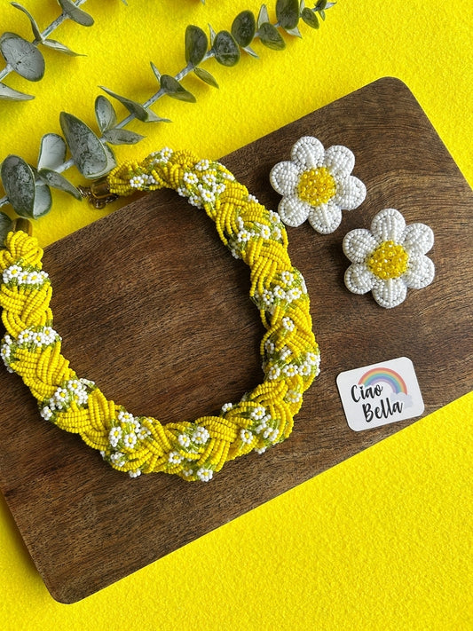 Luxe Flora Yellow Handmade Beaded Necklace + Earrings Set