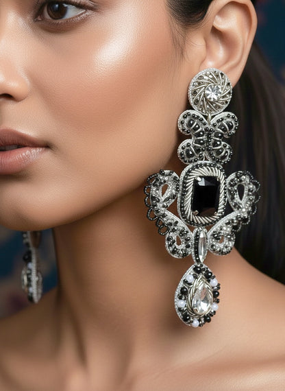 Aashna Silver Black Handmade Beaded Statement Earrings