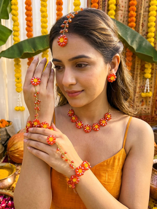 Sparkling Orange Daisy Flower Handmade Beaded Haldi Jewellery Set (Necklace + Earrings + Hathphools + Maangtika)