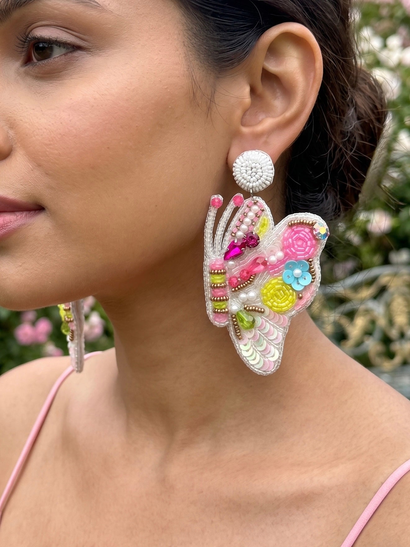 Kaleido Wings White Handmade Beaded Butterfly Earrings