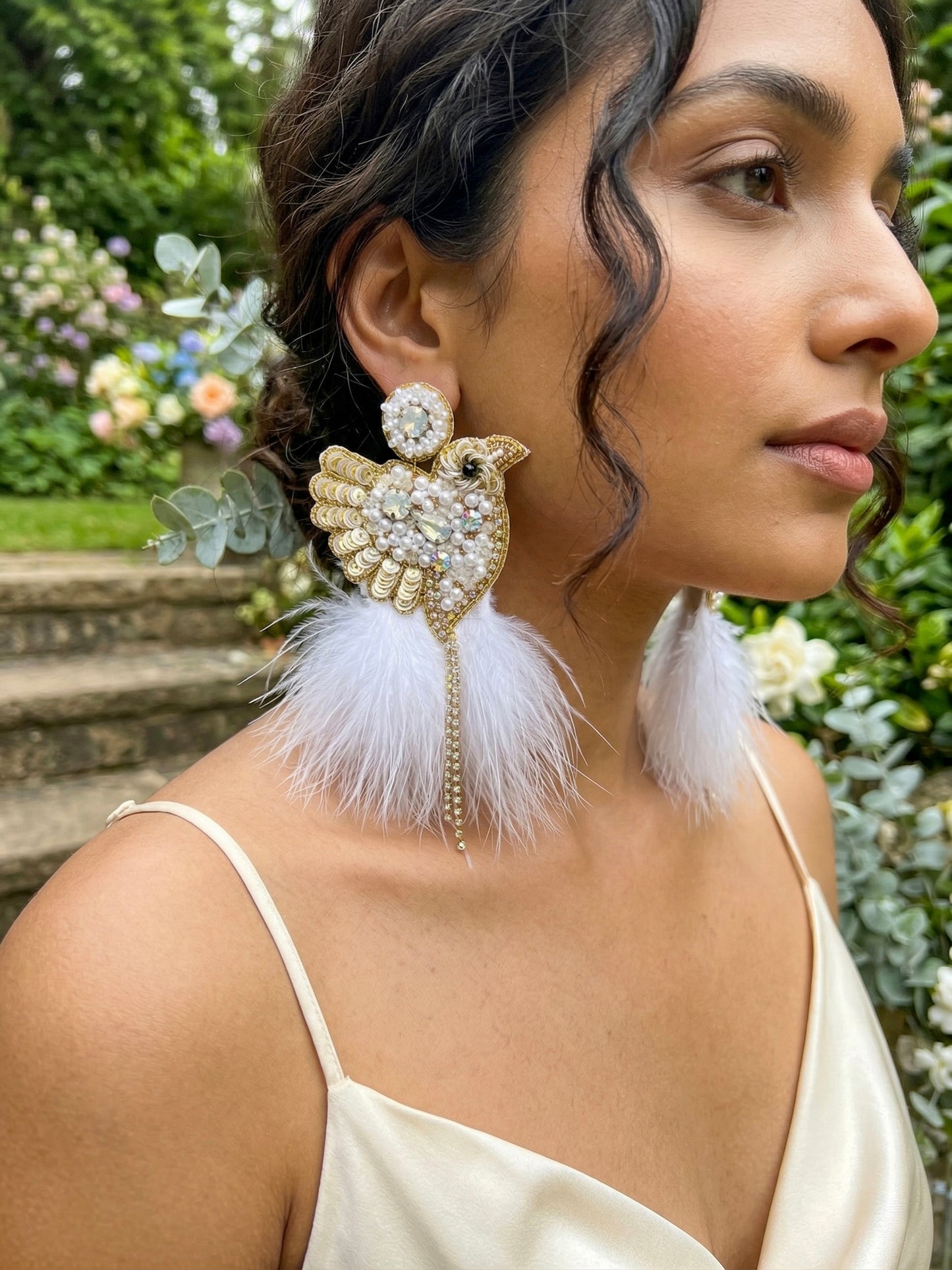 Glamorous Ivory Birdies Handmade Beaded Bird Earrings