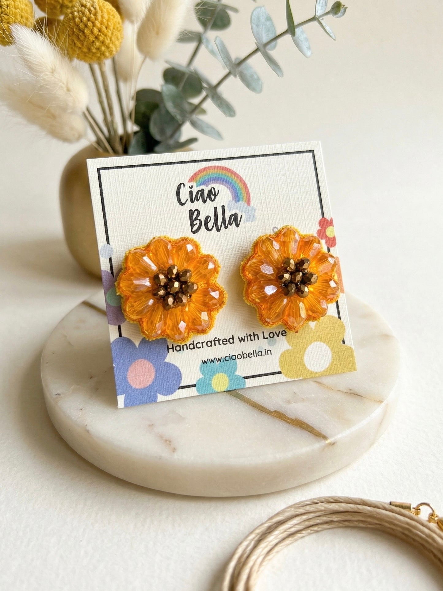 Sparkling Yellow Sunflower Handmade Beaded Stud Earrings