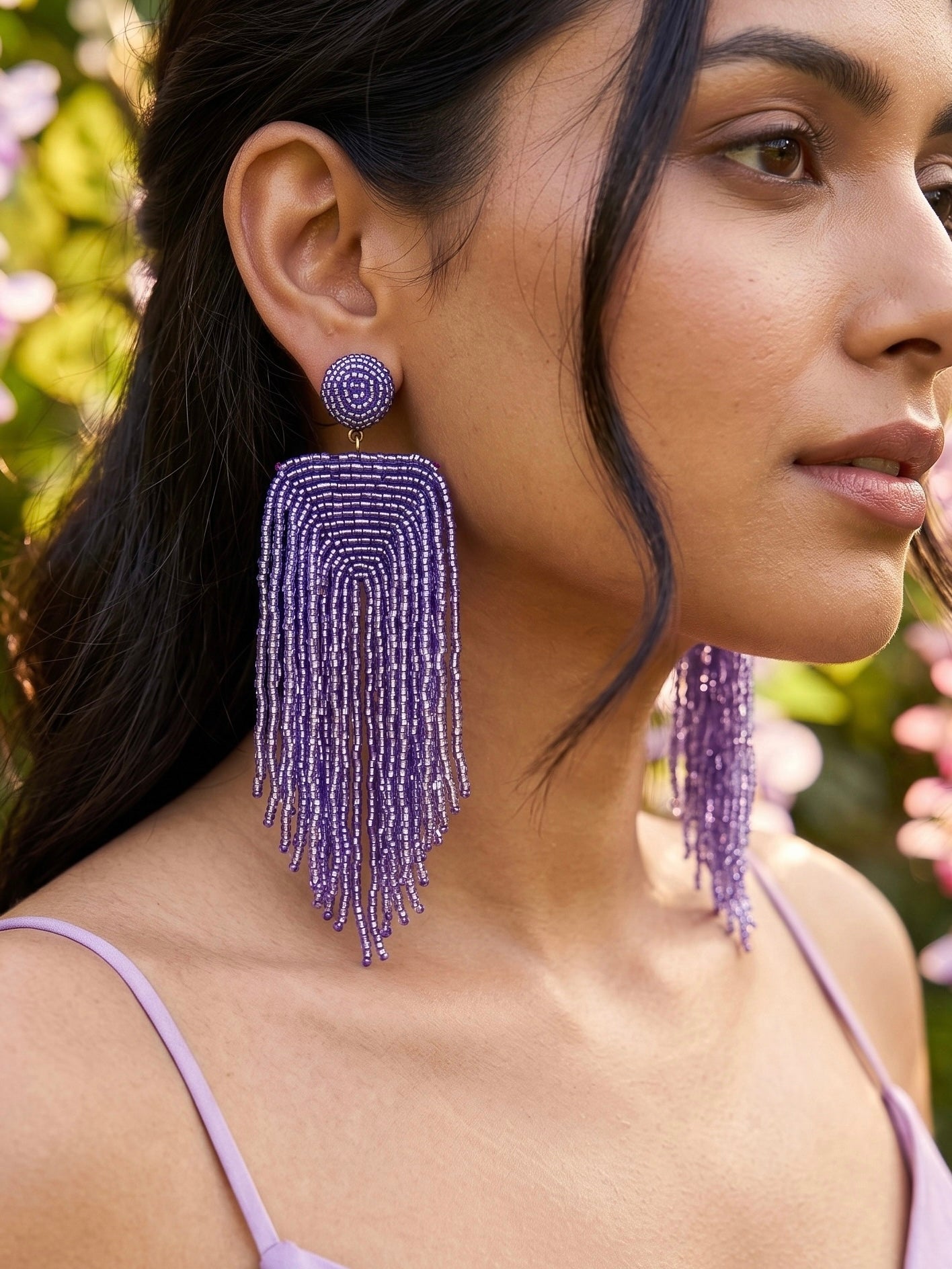 Luxe Lavender Purple Handmade Beaded Tassel Earrings