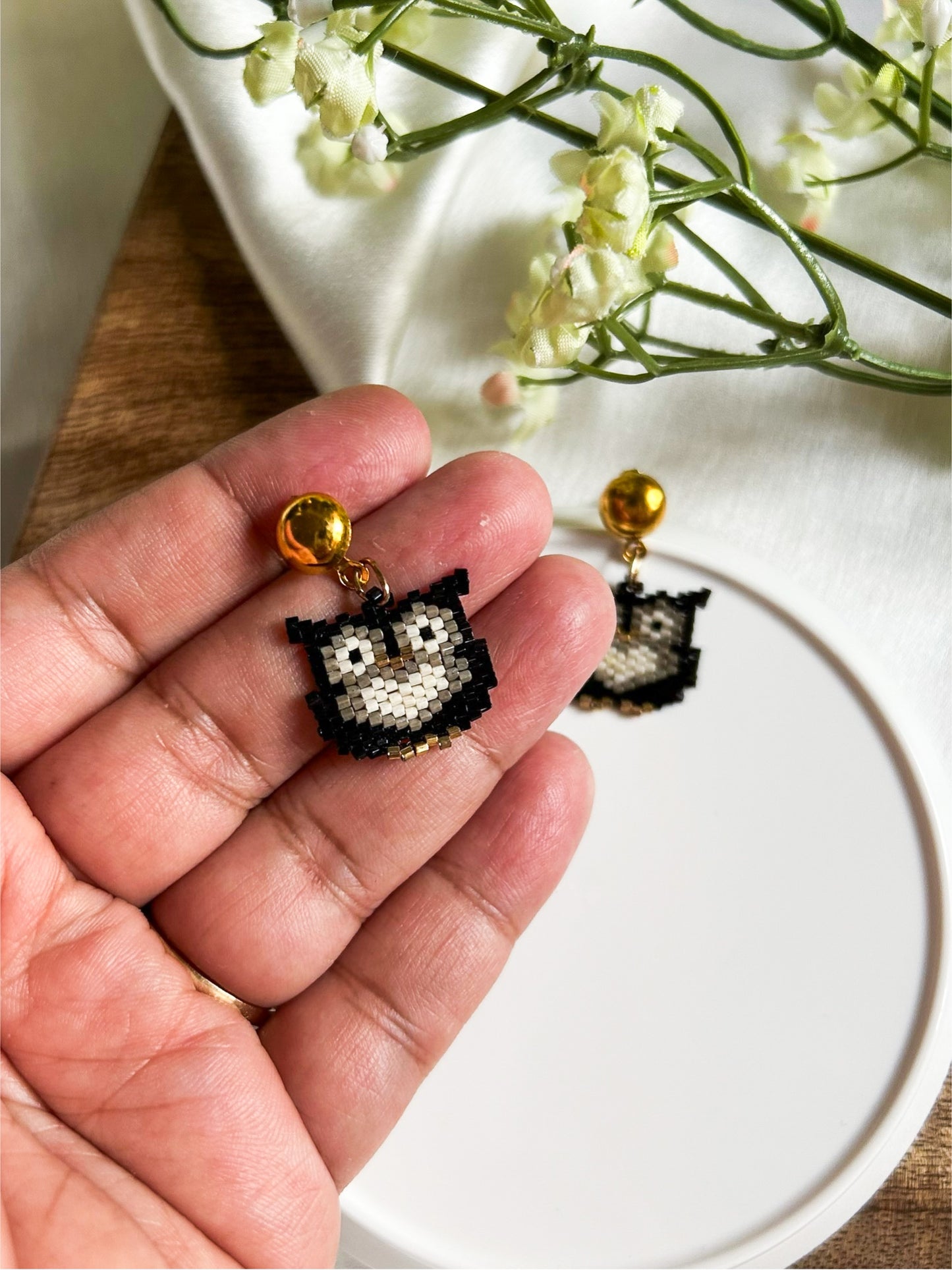 Tiny Owl Handmade Beaded Bird Earrings