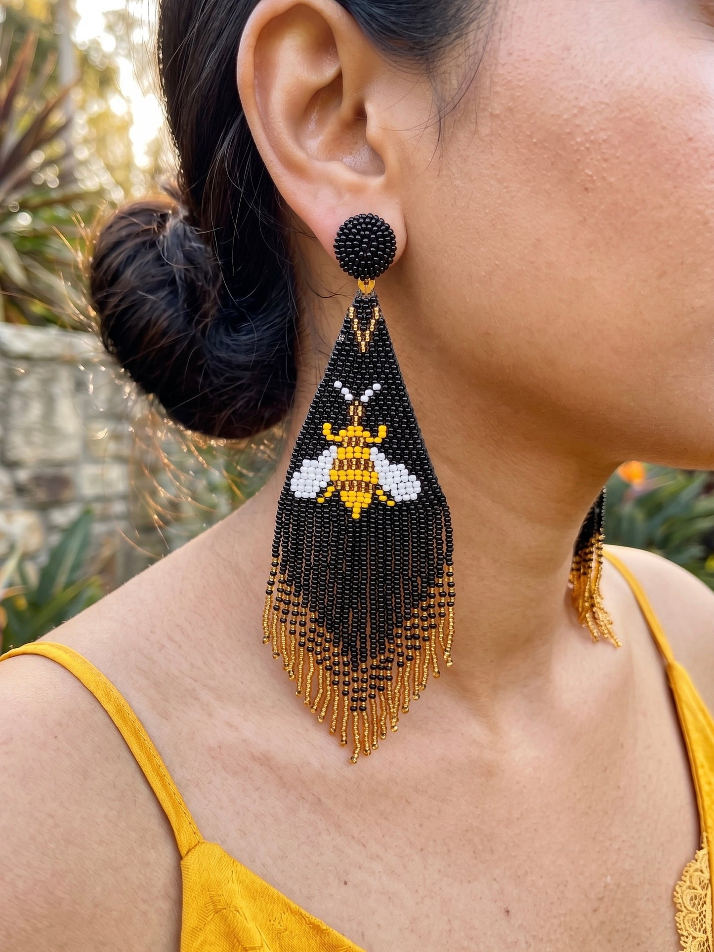 Luna Black Bee Handmade Beaded Tassel Earrings