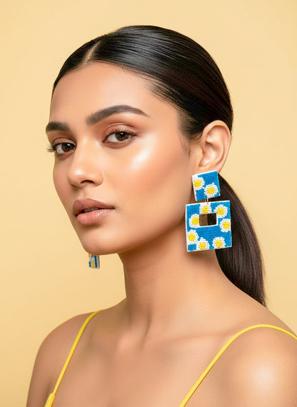 Turquoise Sun-Kissed Handmade Beaded Flower Earrings