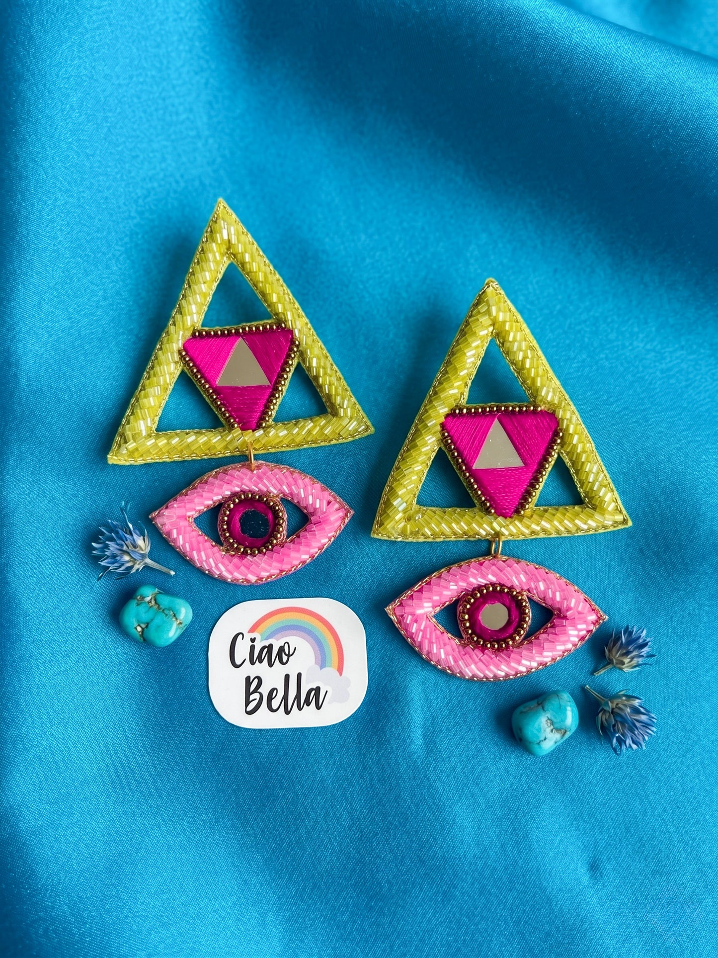 Electric Lime Green & Pink Evil Eye Handmade Beaded Earrings