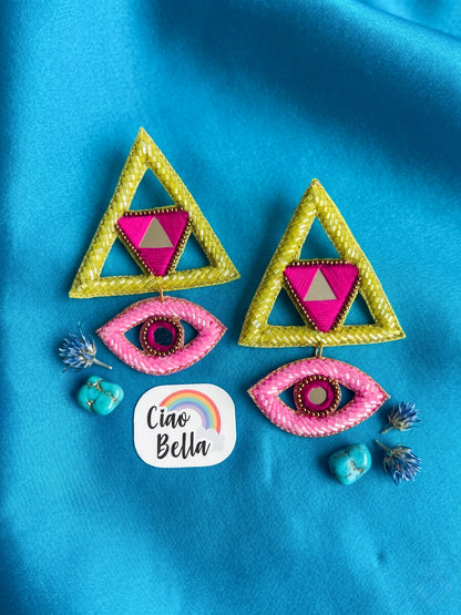 Electric Lime Green & Pink Evil Eye Handmade Beaded Earrings