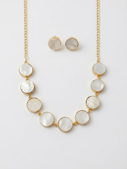 Moonstone Mother of Pearl Handmade Brass Necklace + Stud Earrings Set
