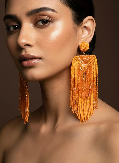 Luxe Sunset Orange Handmade Beaded Tassel Earrings