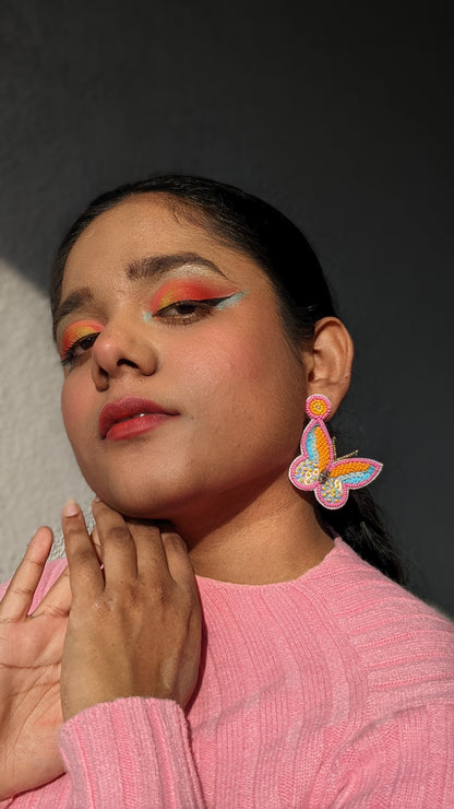 Sun-Kissed Pink Handmade Beaded Butterfly Earrings