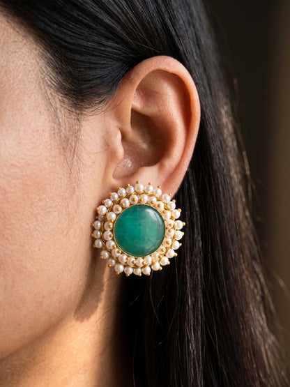 Sitara Green Pearl Round Handmade Brass Earrings