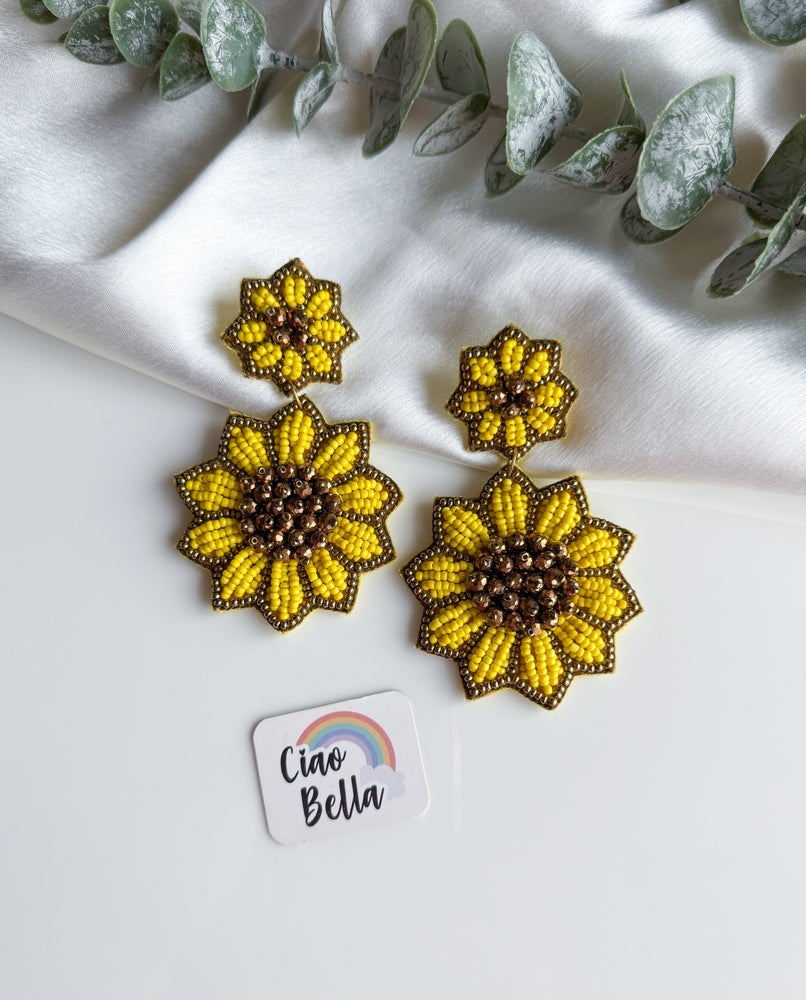 Sunflower Handmade Beaded Necklace + Earrings Set