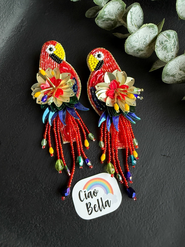 Luxe Paradise Red Parrot Handmade Beaded Bird Earrings