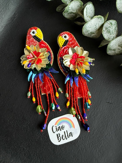 Luxe Paradise Red Parrot Handmade Beaded Bird Earrings