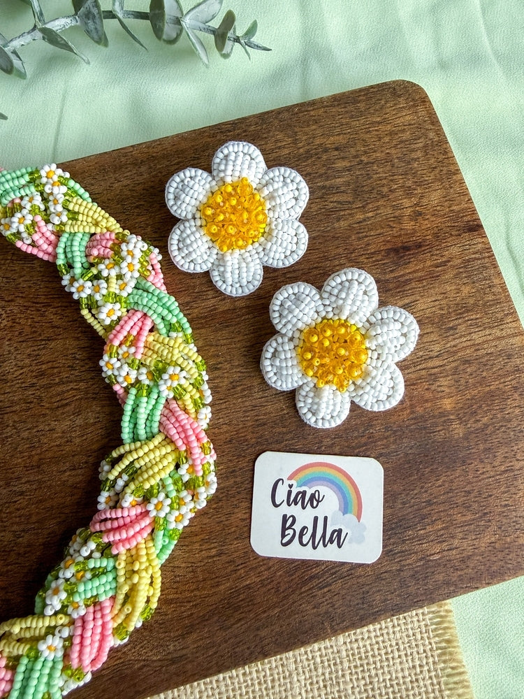 Luxe Flora Green Pink Yellow Handmade Beaded Necklace + Earrings Set