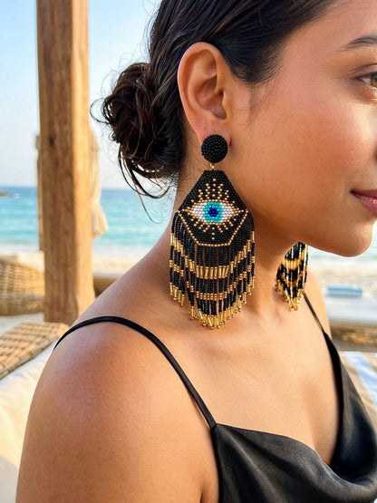 Nazarbattu Evil Eye Handmade Beaded Tassel Earrings