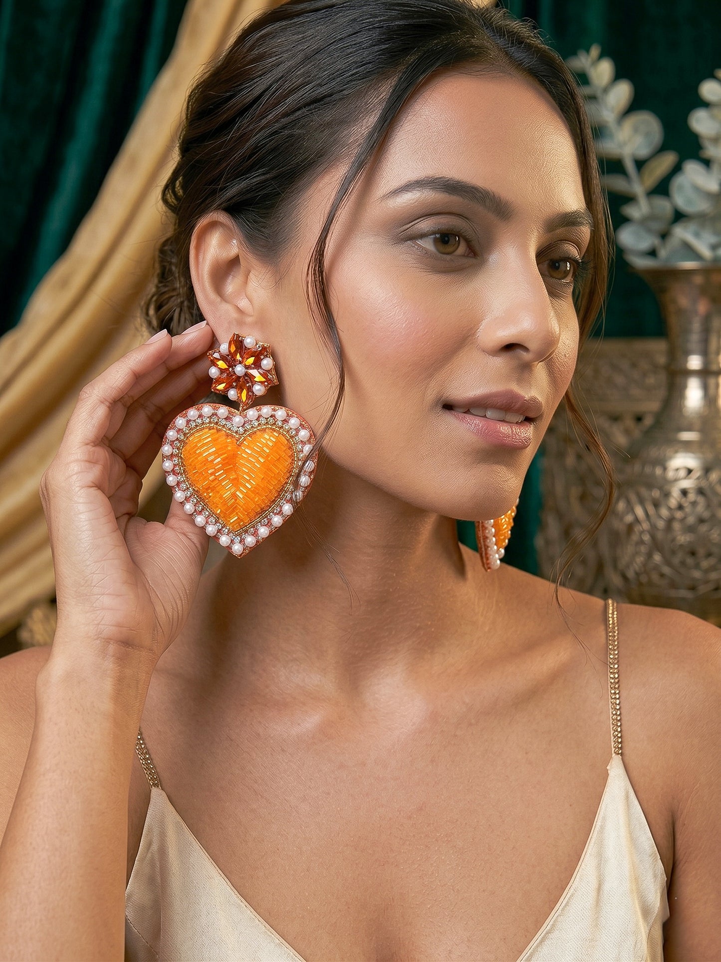 Ishqiya Orange Heart Drop Handmade Beaded Earrings