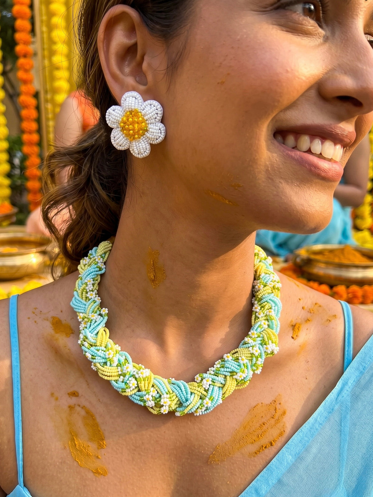 Luxe Flora Light Blue Yellow Handmade Beaded Necklace + Earrings Set