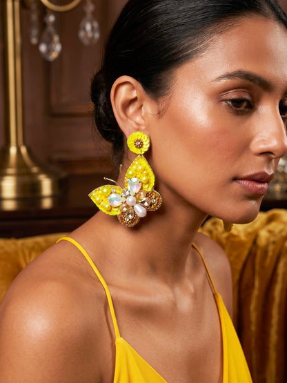 Luxe Crystal Yellow Handmade Beaded Butterfly Earrings