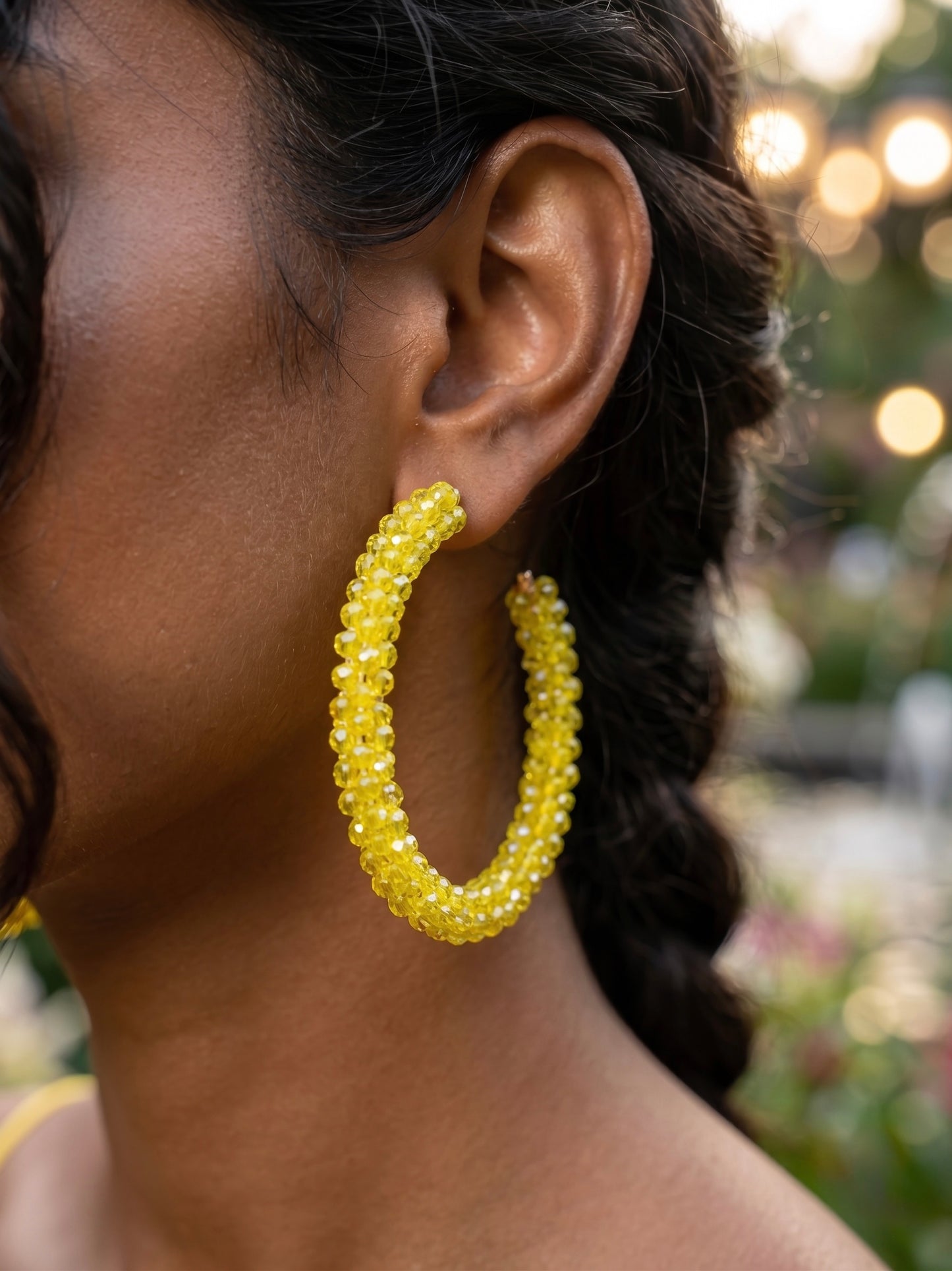 Woven Yellow Crystal Handmade Beaded Hoop Earrings