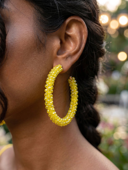 Woven Yellow Crystal Handmade Beaded Hoop Earrings