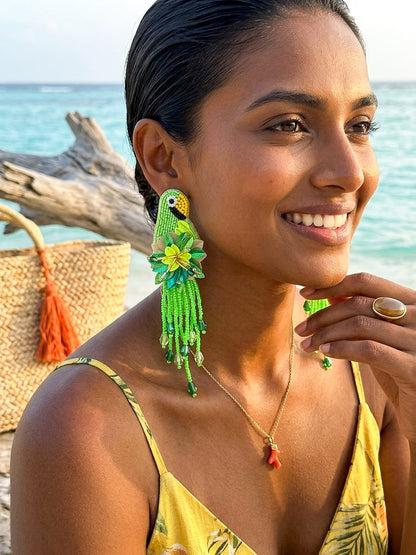 Luxe Paradise Green Parrot Handmade Beaded Bird Earrings