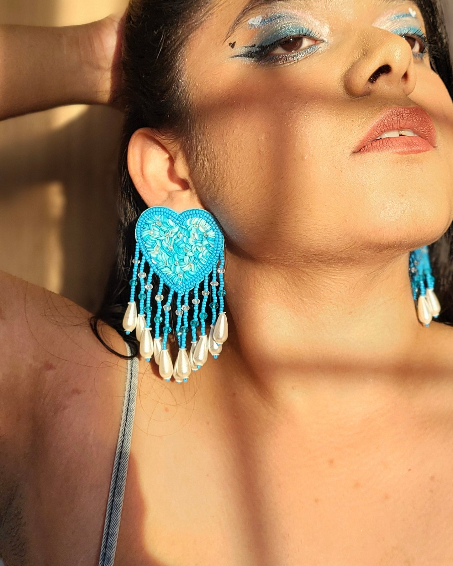 Aqua Blue Heart Drop Handmade Beaded Tassel Earrings