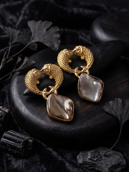 Golden Pisces Mother Of Pearl Handmade Brass Earrings
