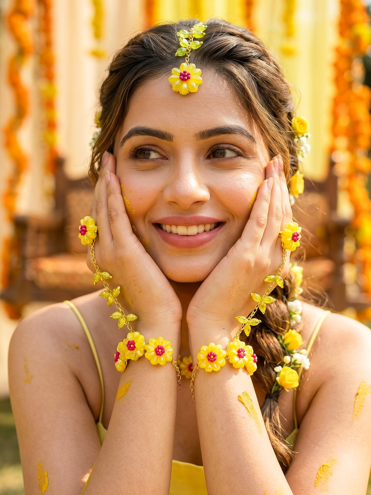Sparkling Yellow Pink Daisy Flower Handmade Beaded Haldi Jewellery Set (Necklace + Earrings + Hathphools + Maangtika)