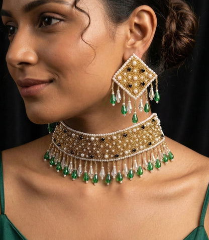 Golden Emerald Green Handmade Beaded Choker Set