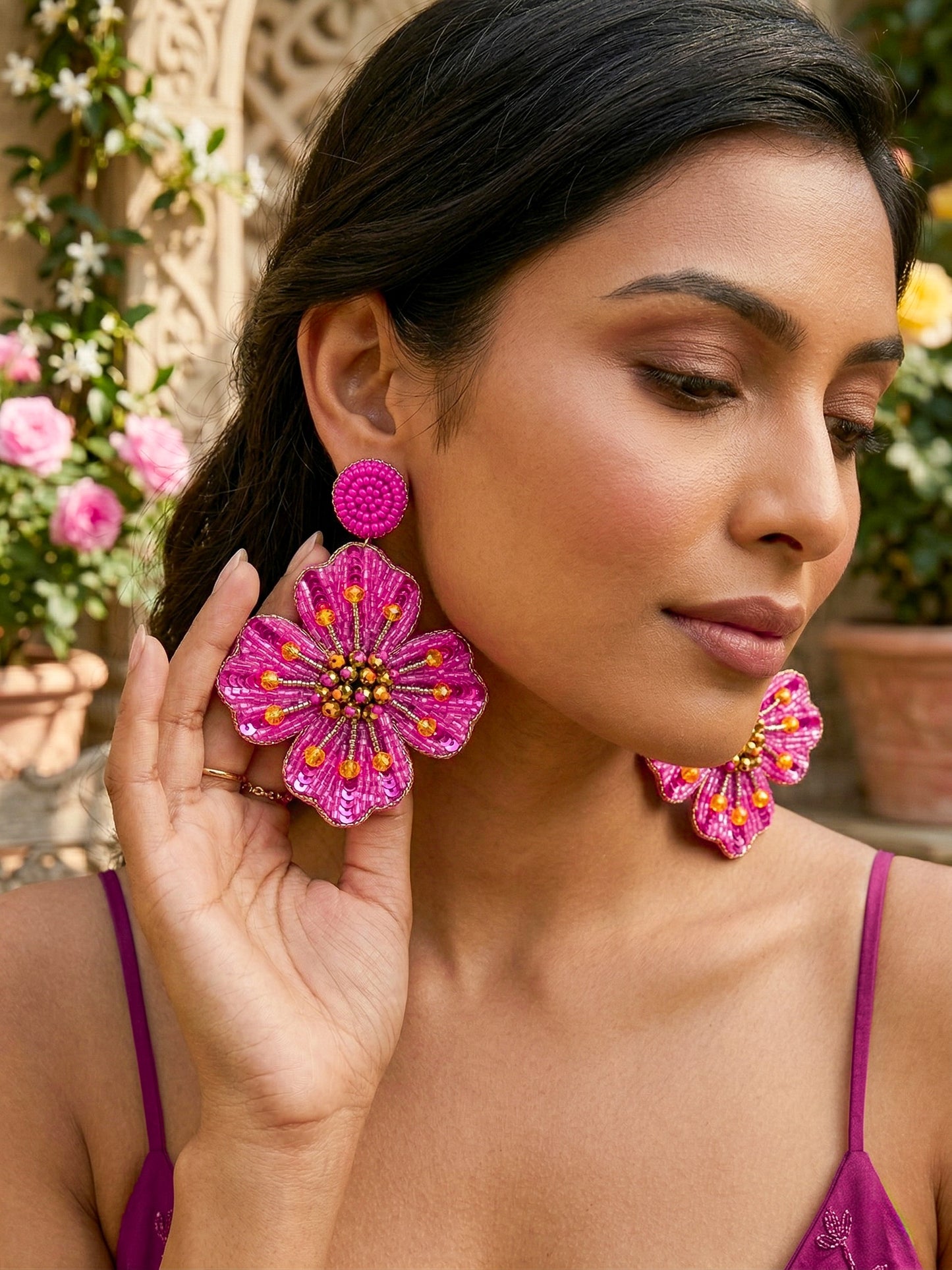 Rosey Glow Pink Flower Handmade Beaded Earrings