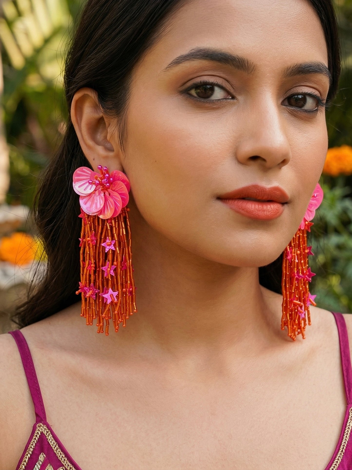 Sunset Pink Orange Star Flower Handmade Beaded Earrings