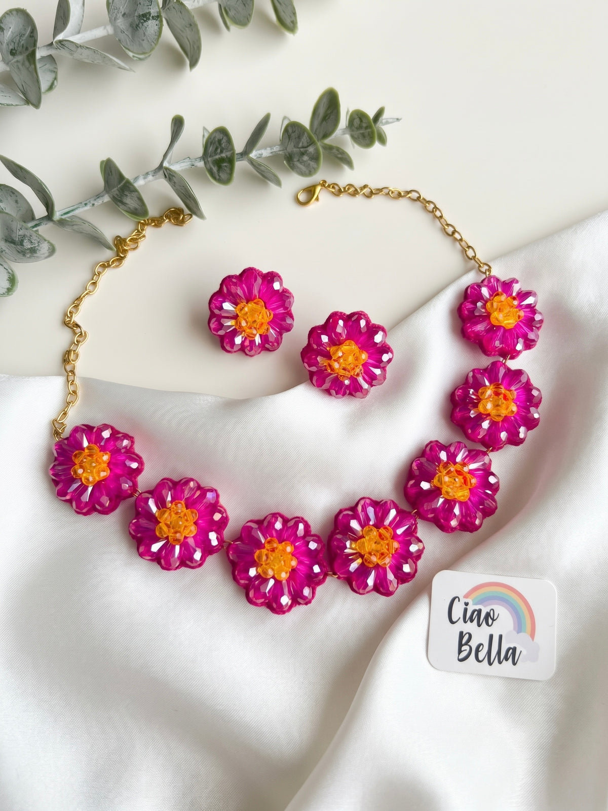 Sparkling Hot Pink Daisy Flower Handmade Beaded Necklace + Earrings Set