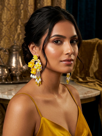Golden Yellow Tulip 3D Flower Statement Handmade Beaded Earrings
