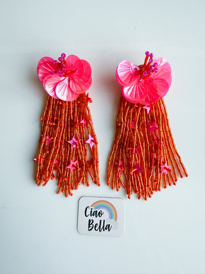 Sunset Pink Orange Star Flower Handmade Beaded Earrings