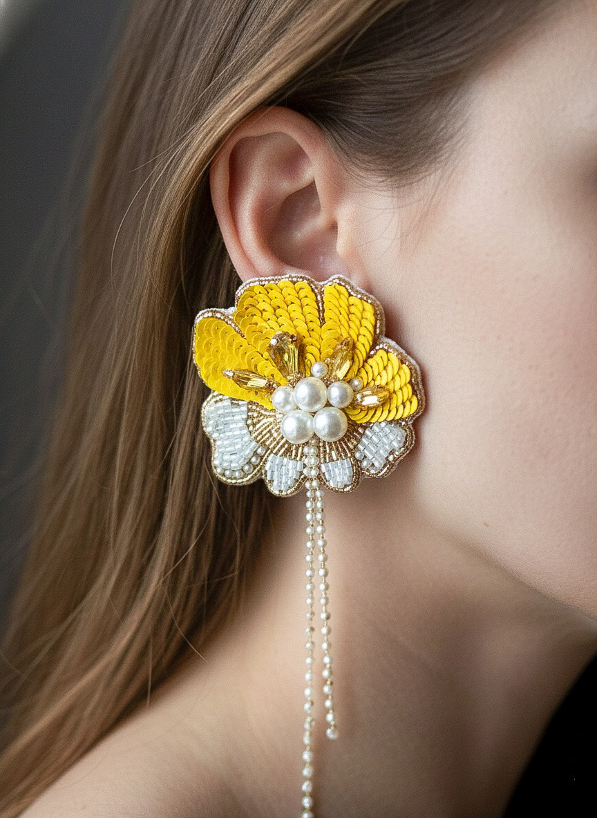 Floral Fiesta Yellow Handmade Beaded Flower Earrings