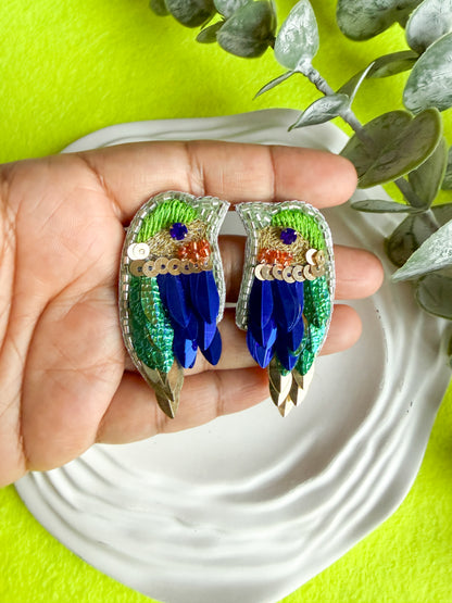 Chirpy Forest Green Blue Parrot Handmade Beaded Bird Earrings