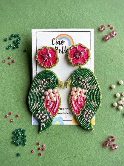 Blooming Birdie Green Pink Handmade Beaded Earrings