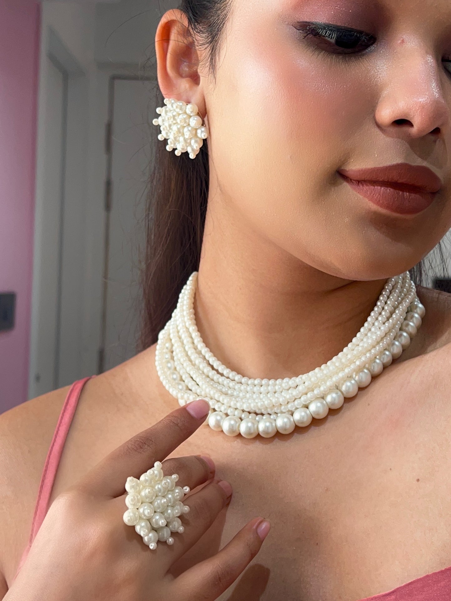 Ruhani Pearl Handmade Necklace + Earrings + Ring Set