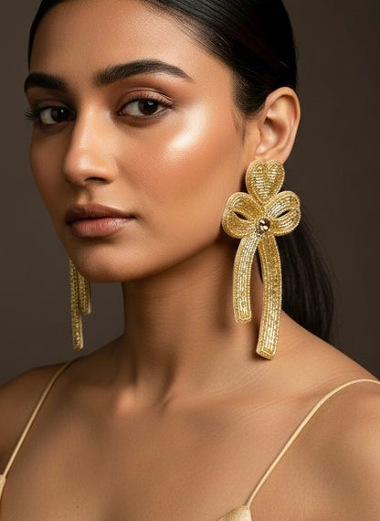 Glam Bow (Gold) Handmade Beaded Earrings