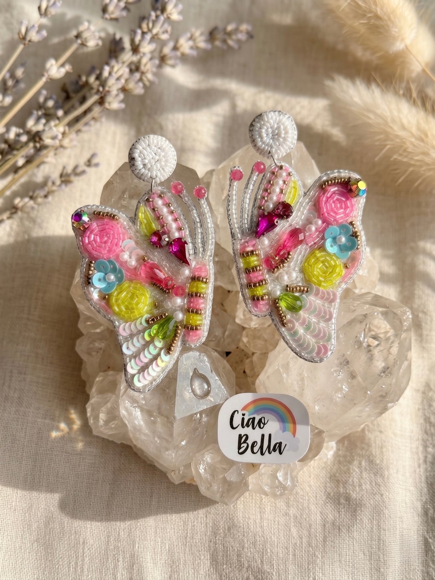 Kaleido Wings White Handmade Beaded Butterfly Earrings