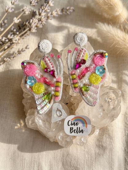 Kaleido Wings White Handmade Beaded Butterfly Earrings
