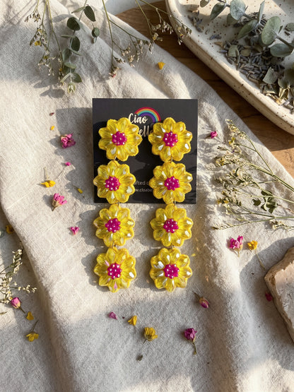 Sparkling Yellow Pink Daisy Flower Handmade Beaded Drop Earrings