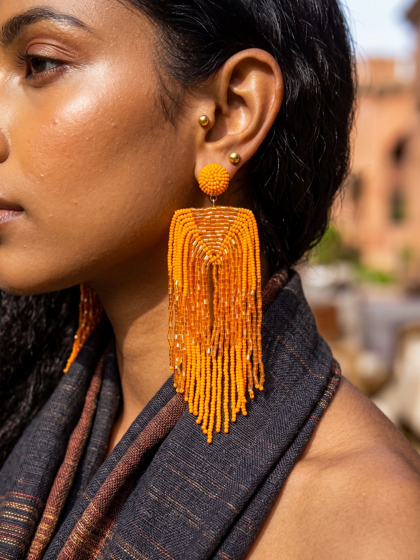 Luxe Sunset Orange Handmade Beaded Tassel Earrings